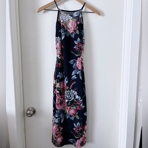 Navy Floral Halter Backless Maxi Dress